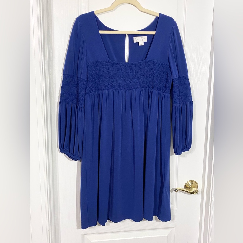 Y2K Jessica Simpson Smocked Balloon Sleeve Empire Waist Dress Cobalt Blue Sz 10